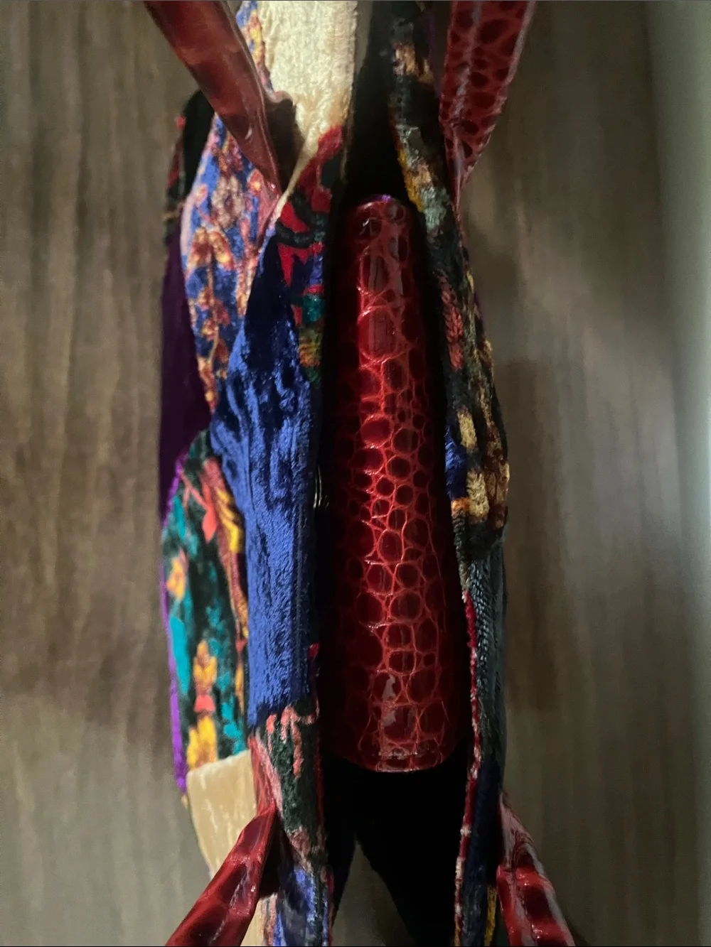 Julie Feldman Patchwork Velvet Tote with Crocodile Red Handles